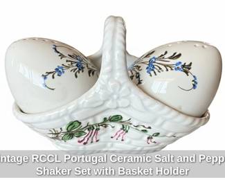 Vintage RCCL Portugal Ceramic Salt and Pepper Shaker Set with Basket Holder