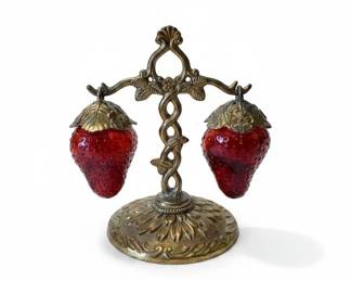 Vintage Ruby Red Glass Strawberry Salt and Pepper Shakers with Ornate Sunflower Base Stand