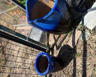 Large Blue Glazed Ceramic Planter and Matching Cylindrical Pot