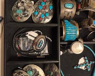 Native American Sterling Silver and Turquoise Jewelry Assortment with Bolo Ties and Belt Buckles fourth image