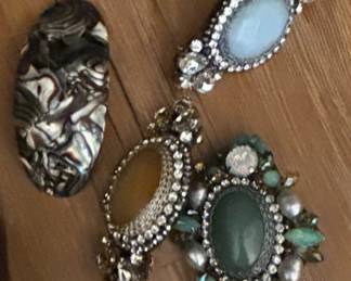 Assorted Brooches with Rhinestones, Gemstones, and Faux Pearls