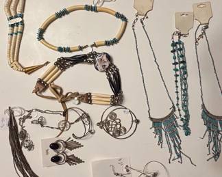 Native American Style Jewelry Collection with Bone, TurquoiseColored Beads, and Silver Accents