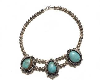 Navajo Sterling Silver Turquoise Squash Blossom Necklace
