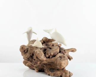 John Perry Dolphin Sculpture on Driftwood Base
