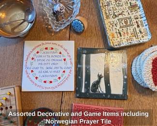 Assorted Decorative and Game Items including Norwegian Prayer Tile