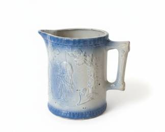 Antique Blue and White Salt Glazed Stoneware Pitcher with Oak Leaf Motif