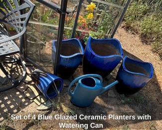 Set of Blue Glazed Ceramic Planters with Watering Can