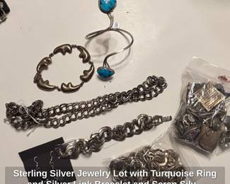 Sterling Silver Jewelry Lot with Turquoise Ring and Silver Link Bracelet and Scrap Silver Jewelry