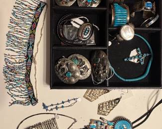 Native American Sterling Silver and Turquoise Jewelry Assortment with Bolo Ties and Belt Buckles second image
