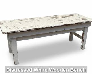 Distressed White Wooden Bench