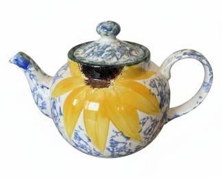 Ceramic Teapot with Sunflower and Blue Floral Motif