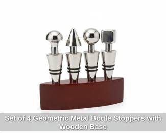 Set of Geometric Metal Bottle Stoppers with Wooden Base