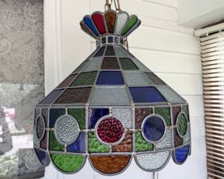 Vintage Stained Glass Hanging Chandelier Lamp  Geometric Pattern