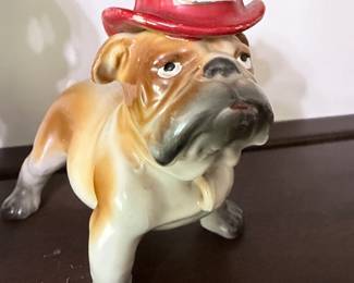 Vintage Ceramic Bulldog Figurine with Firefighter Helmet 