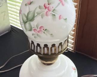 HandPainted Milk Glass Hurricane Lamp with Pink Floral Motif