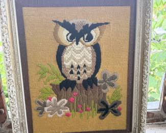 Vintage Owl Crewel Embroidery Art