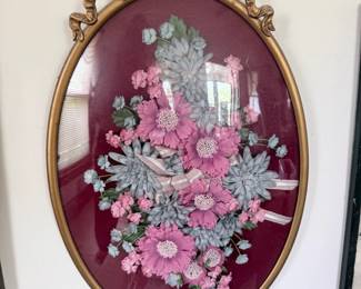 Oval Framed Floral Relief Plaque with Fabric Flowers