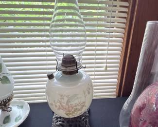 Victorian HandPainted Gone With The Wind Style Oil Lamp with Floral Motif