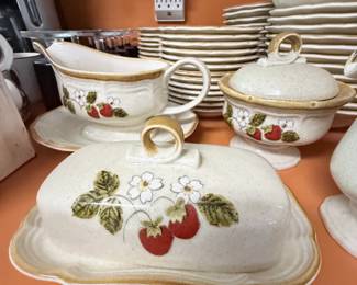 Mikasa Strawberry Festival Ceramic Butter Dish, Gravy Boat, and Lidded Dish