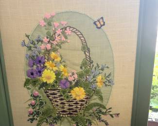 Framed Floral Basket Crewel Embroidery