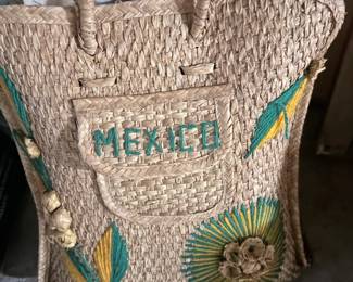 Vintage Straw Tote Bag with Mexico Embroidery