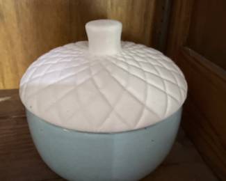 Light Blue Acorn Shaped Ceramic Jar with White Quilted Lid