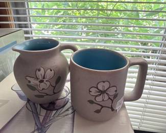 Pigeon Forge Pottery Dogwood Flower Ceramic Pitcher and Mug Set
