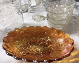 Carnival Glass Amber Grape  Leaf Bowl