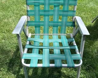 Vintage Aluminum Webbed Folding Lawn Chair  Green and White Stripe