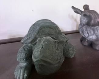 Vintage Cast Stone Turtle and Rabbit Garden Figurines