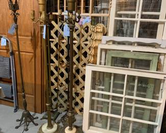 Antique pole lamps with nice bases, Shabby Chic old window sashes, pair of 6 panel oak wardrobe doors