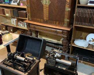 Nice Oriental Table/Cabinet, 2 antique Dictaphone Machines, set of books on Old west