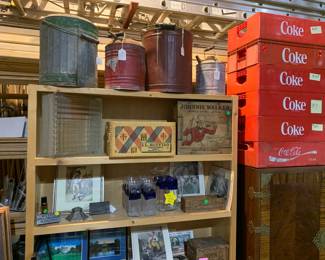 Old cans, boxes, and Bookcase 