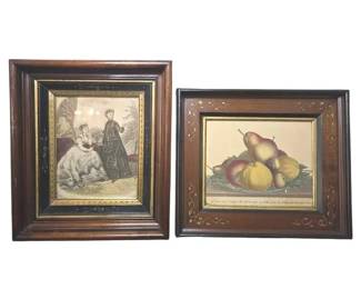Pair Of Vintage Framed Prints French Fashion Lithograph And Botanical Fruit Print