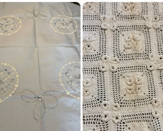 Vintage 44 Blue Linen Embroidered Tablecloth With Lace Trim And 46 Square Exes Crocheted Tableclot