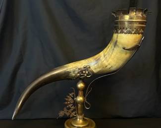 Vintage Real Animal Horn on Ornate Brass Stand