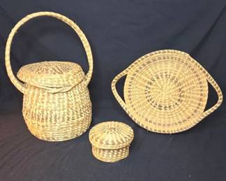 Authentic Gullah Sweetgrass Basket 3 Piece Lot Lidded Purse, Banner Tray Trinket Box