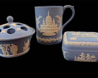 3 Vtg. Wedgewood Blue Jasperware Decor Items