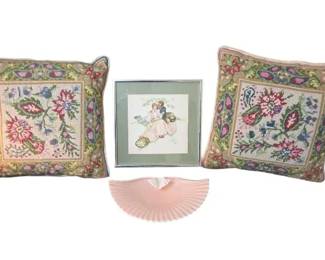 Vintage Grandmillennial Decor Lot Norman Rockwell Print, Lenox And Needlepoint Pillows
