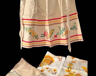 Vintage Hand Stitched Apron, Two Colorful Vintage Kitchen Towels, And A Hand Embroidered Table Toppe