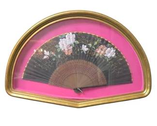 Hand Painted Floral Silk Fan In Gilded Shadow Box Frame