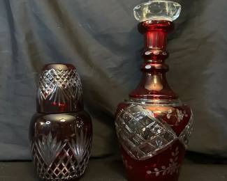 Decanter pair Bohemian Czech Cut To Clear Glass Ruby Red