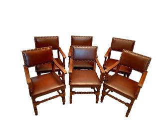 19th CenturyFrench Design Oak Colored WoodLeather Armchair Set