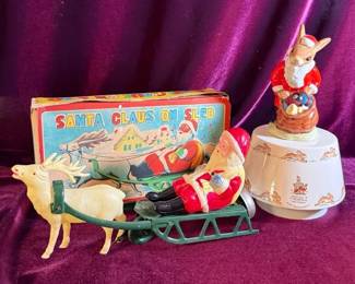 Vintage 1940sSanta Claus On Sled And Royal Doulton Bunnykins Santa Music Box