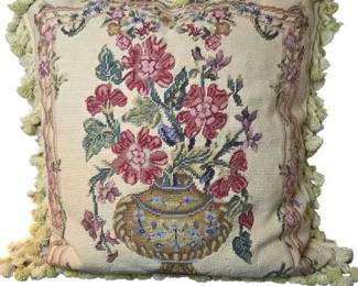 Vintage Handmade Floral Needlepoint Throw Pillow