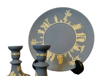 3Piece Wedgwood Blue Jasperware Garniture Set 9 12 Sacrifice Plate Matching Candle Sticks