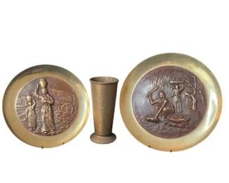 Vintage Korean Embossed Brass Plates With Matching Vase