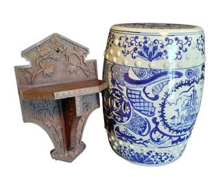 Vintage Oriental Porcelain Garden Stool With Wooden Carved Wall Shelf