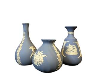 Suite of 3 Wedgwood Blue Jasperware Vases Neoclassical Bud Flared Vessels