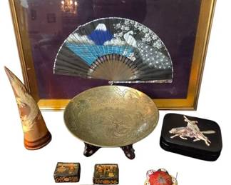 Vintage Asian Art Lot Framed Japanese Fan, Carved Dragon Horn And Etched Brass